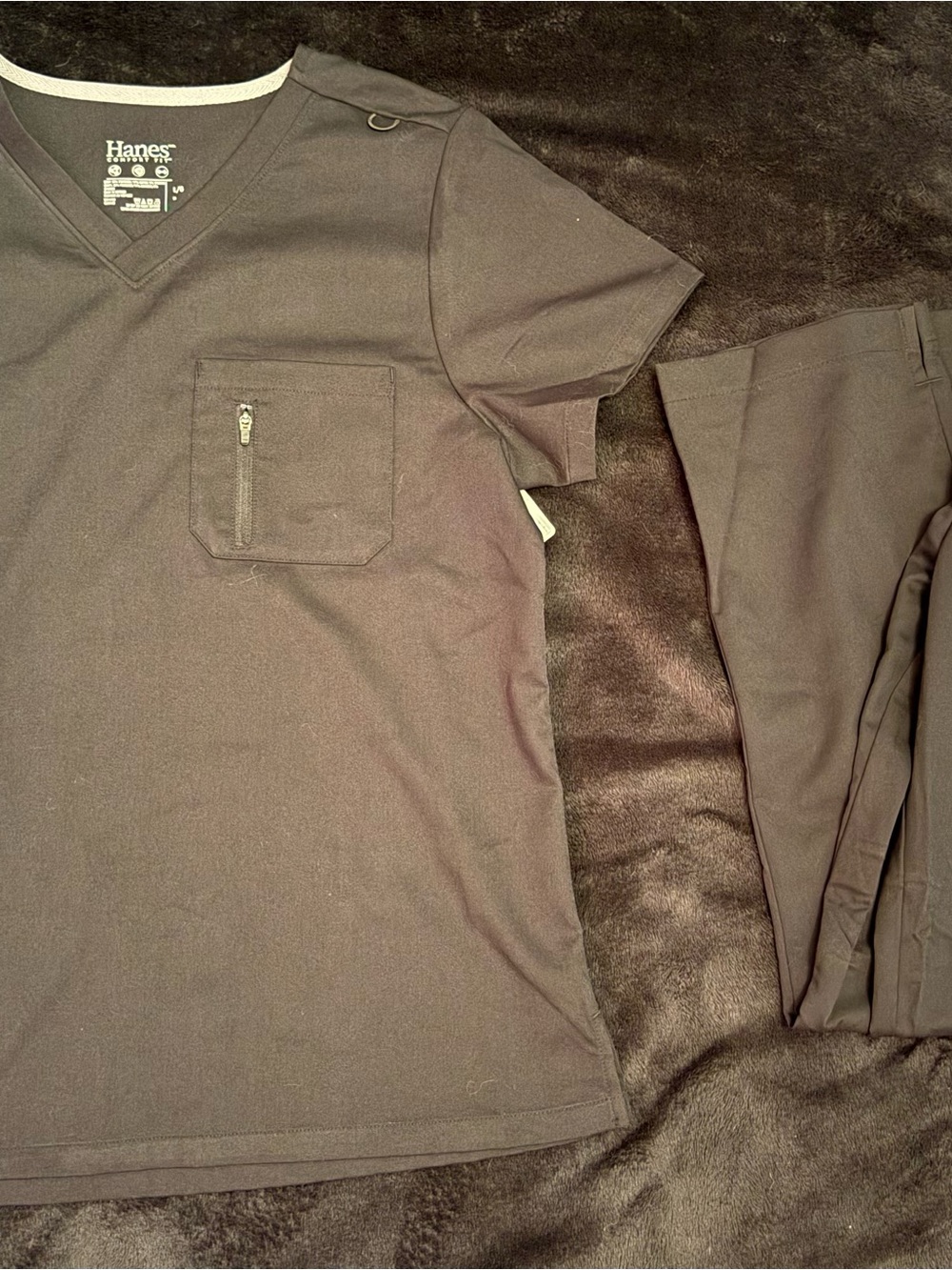 Hanes Black Short Sleeve V-Neck Scrub Top with Zipper Pocket